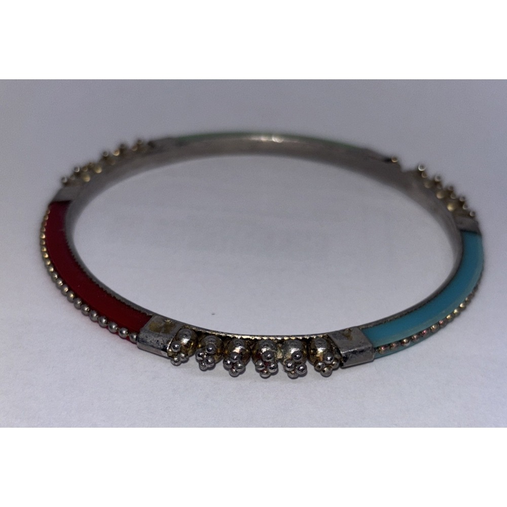 Vintage Silver Tone Colorful Metal & Acrylic Bangle Bracelet Red, Blue & Green